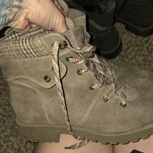 Maurices Taupe Lace Up Boots with Plaid Accent